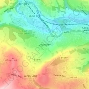 Mapa topográfico Cottingley, altitud, relieve