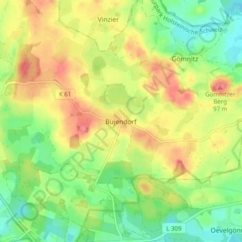 Mapa topográfico Bujendorf, altitud, relieve