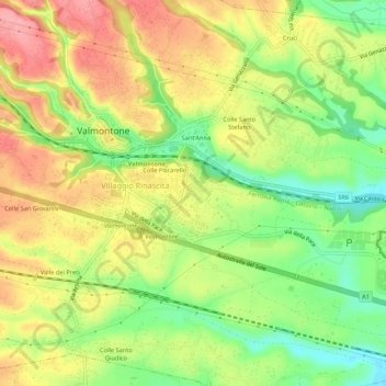 Mapa topográfico Colle Tocciarello, altitud, relieve