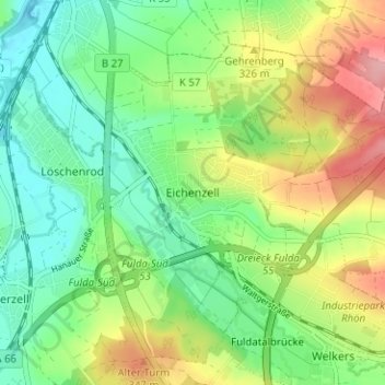 Mapa topográfico Eichenzell, altitud, relieve
