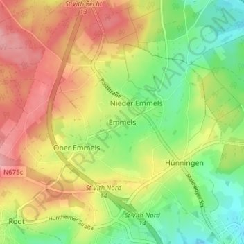 Mapa topográfico Emmels, altitud, relieve