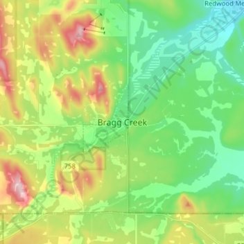Mapa topográfico Bragg Creek, altitud, relieve