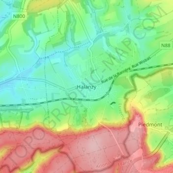 Mapa topográfico Halanzy, altitud, relieve