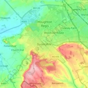 Mapa topográfico Dunstable, altitud, relieve