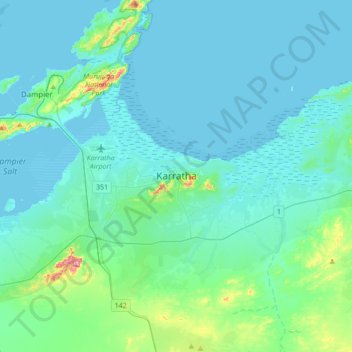 Mapa topográfico Karratha, altitud, relieve