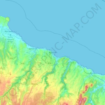 Mapa topográfico Burnie, altitud, relieve