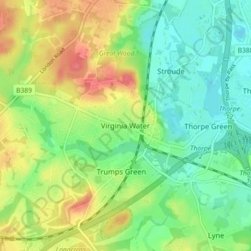 Mapa topográfico Virginia Water, altitud, relieve
