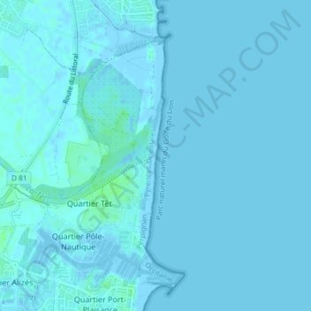 Mapa topográfico Canet-en-Roussillon, altitud, relieve