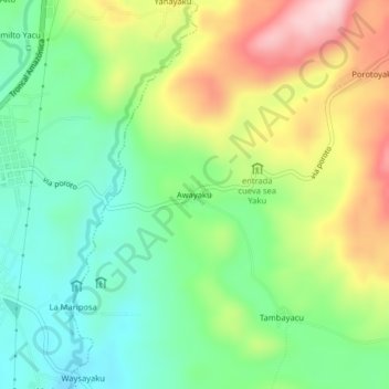 Mapa topográfico Awayaku, altitud, relieve