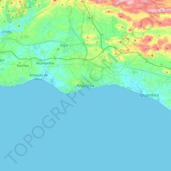 Mapa topográfico Albufeira, altitud, relieve