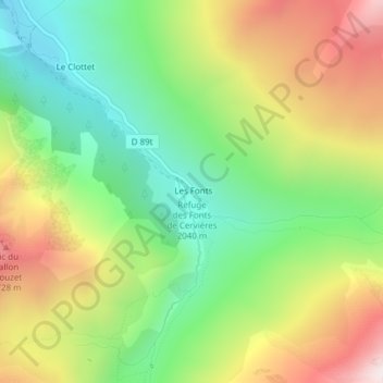 Mapa topográfico Refuge des Fonts de Cervières, altitud, relieve