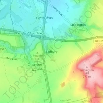Mapa topográfico Badbury, altitud, relieve