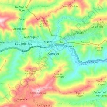 Mapa topográfico Curiepe, altitud, relieve