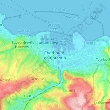 Mapa topográfico Cherbourg, altitud, relieve