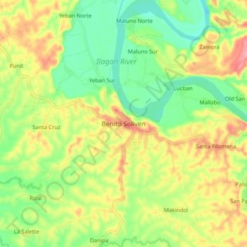 Mapa topográfico Benito Soliven, altitud, relieve