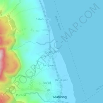 Mapa topográfico Hubangon, altitud, relieve