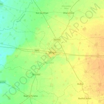 Mapa topográfico Moga, altitud, relieve