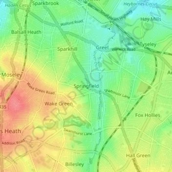 Mapa topográfico Springfield, altitud, relieve
