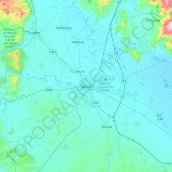 Mapa topográfico Lárisa, altitud, relieve