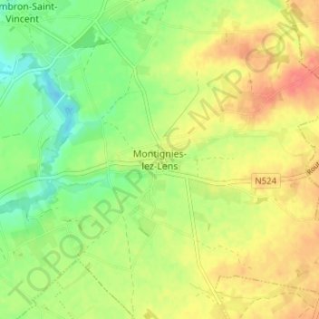 Mapa topográfico Montignies-lez-Lens, altitud, relieve