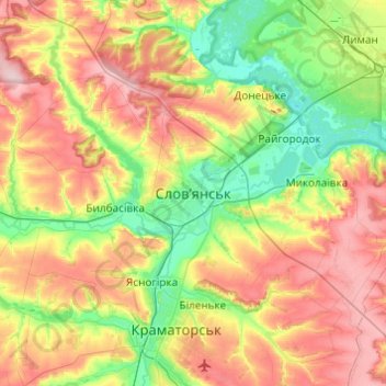 Mapa topográfico Sloviansk, altitud, relieve