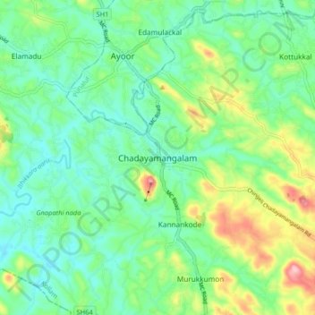 Mapa topográfico Chadayamangalam, altitud, relieve