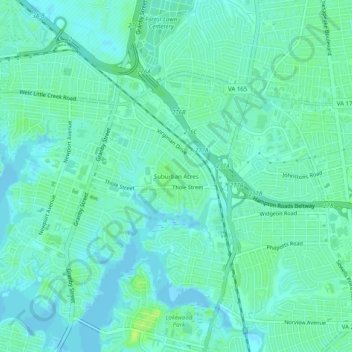Mapa topográfico Suburban Acres, altitud, relieve