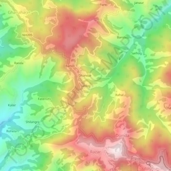 Mapa topográfico Jablog, altitud, relieve
