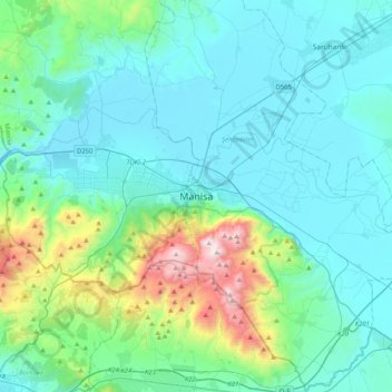 Mapa topográfico Manisa, altitud, relieve