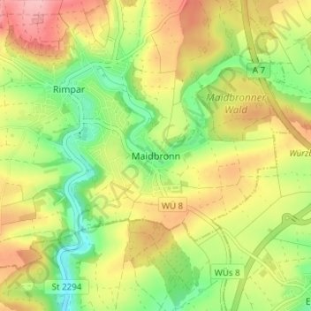 Mapa topográfico Maidbronn, altitud, relieve