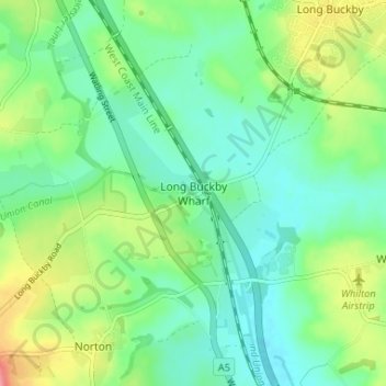 Mapa topográfico Long Buckby Wharf, altitud, relieve