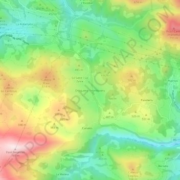 Mapa topográfico Ortiguero, altitud, relieve