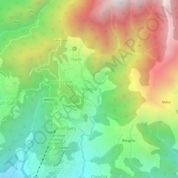 Mapa topográfico Bhagsu, altitud, relieve