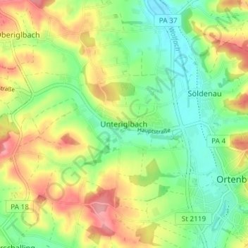 Mapa topográfico Unteriglbach, altitud, relieve
