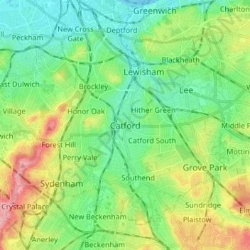 Mapa topográfico Catford, altitud, relieve