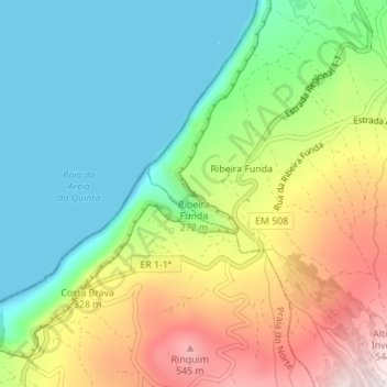 Mapa topográfico Ribeira Funda, altitud, relieve