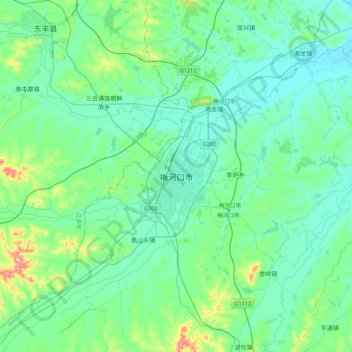 Mapa topográfico Meihekou, altitud, relieve