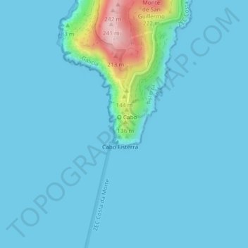 Mapa topográfico Cabo Fisterra, altitud, relieve