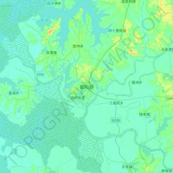 Mapa topográfico Poyang County, altitud, relieve