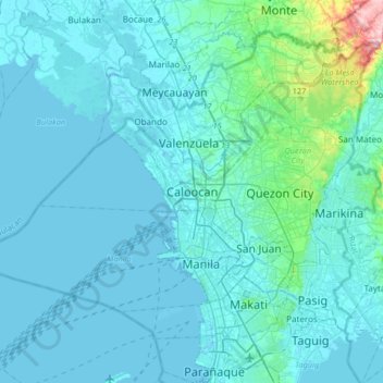 Mapa topográfico Caloocan, altitud, relieve