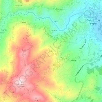 Mapa topográfico Padim, altitud, relieve