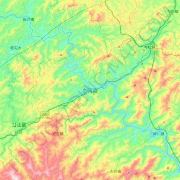 Mapa topográfico Jianhe, altitud, relieve