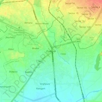 Mapa topográfico Zirakpur, altitud, relieve