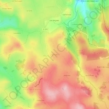 Mapa topográfico Le Viala, altitud, relieve