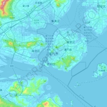 Mapa topográfico Xiamen, altitud, relieve