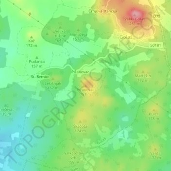 Mapa topográfico Pižanovac, altitud, relieve