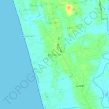 Mapa topográfico Benaulim, altitud, relieve