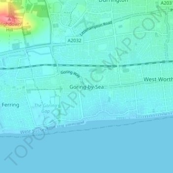 Mapa topográfico Goring-by-Sea, altitud, relieve