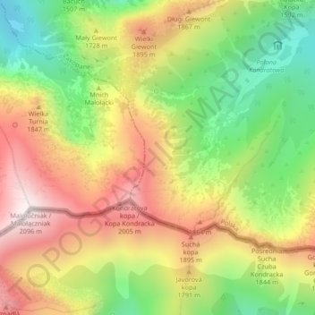 Mapa topográfico Tatry, altitud, relieve