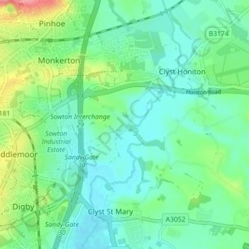 Mapa topográfico Sowton Village, altitud, relieve